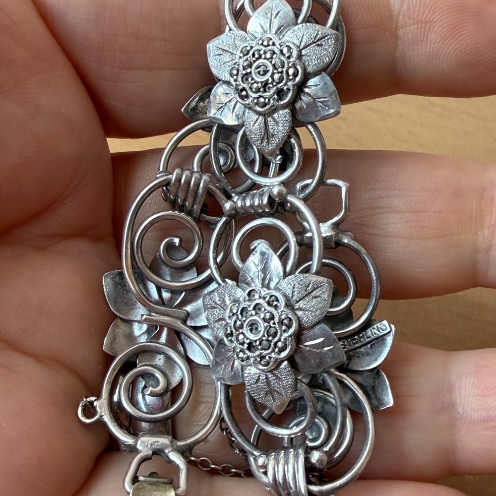 VINTAGE STERLING SILVER ORNATE FLORAL FLOWER MARCASITE BRACELET UNIQUE UNUSUAL - Picture 12 of 16